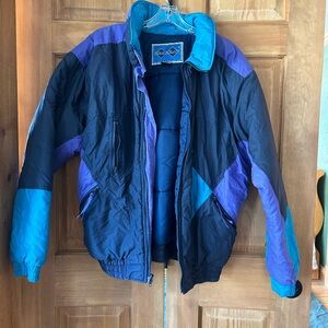 VTG 90s Double Black Puffer Jacket Large Colorblock Blue Purple Geometric Ski